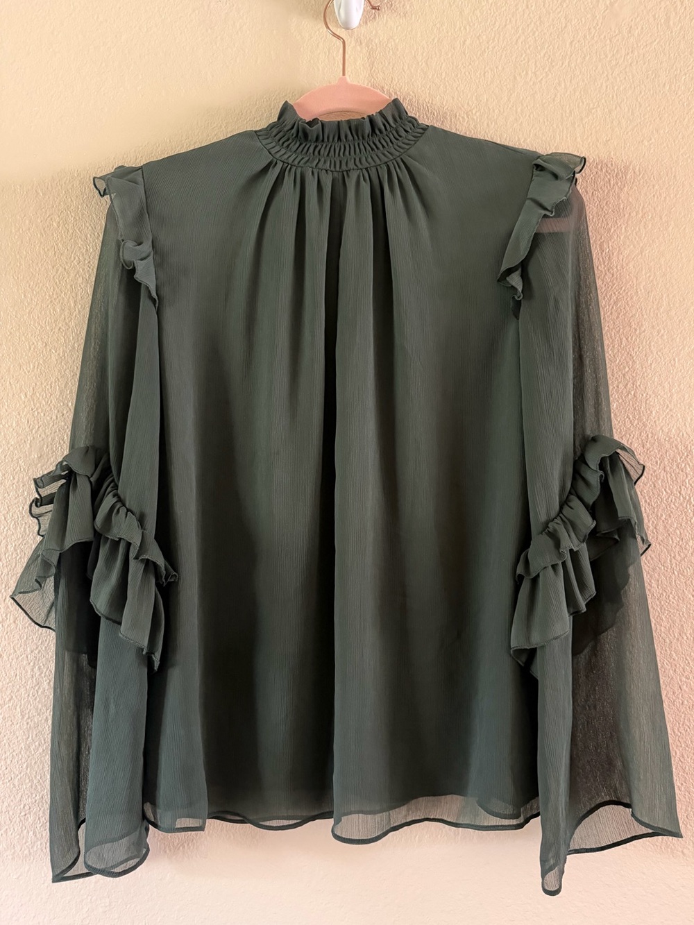 Zara Basic Z1975 Denim Sage Green Ruffle Blouse Top Size Medium